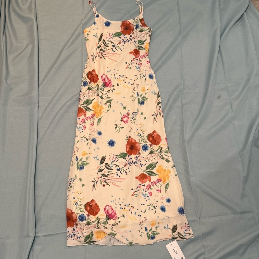 NWT Colorful Floral Print Ivory Cream Spaghetti Strap Midi Dress